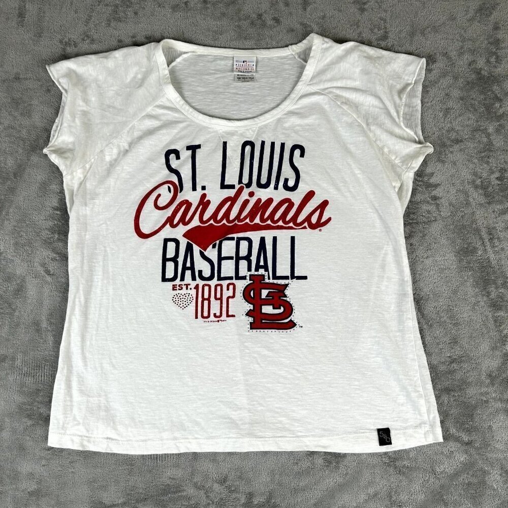St. Louis Cardinals MLB Campus Lifestyle White T-Shirt Women’s Size L Rhinstone